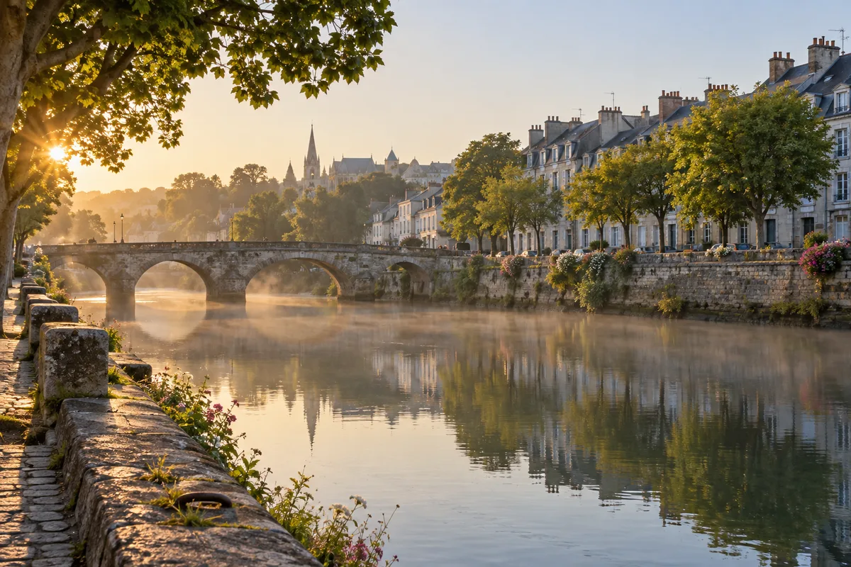Berge d&rsquo;une rivière en ville au petit matin avec un pont de pierre et des façades claires
