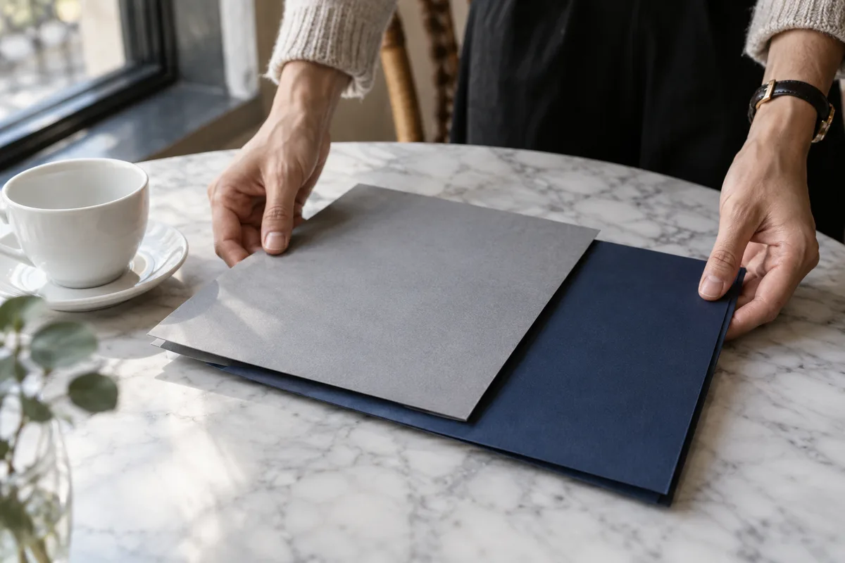 Mains posant deux chemises cartonnées unies sur une table de café en marbre