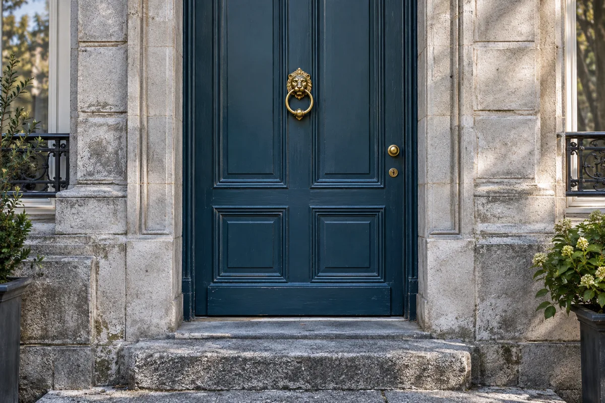 Porte d&rsquo;entrée d&rsquo;un immeuble ancien en pierre grise avec un heurtoir en laiton