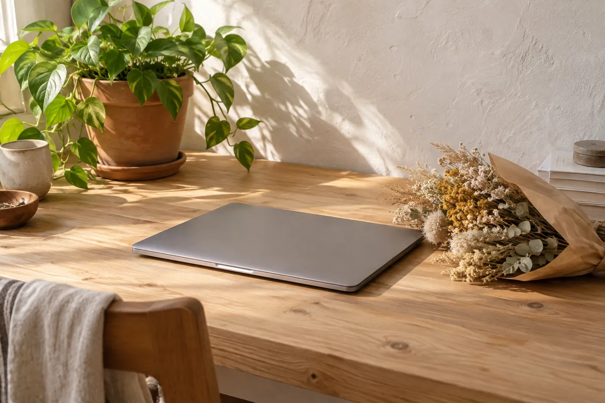 Comptoir en bois clair portant un ordinateur portable fermé, une plante verte et un bouquet de fleurs séchées
