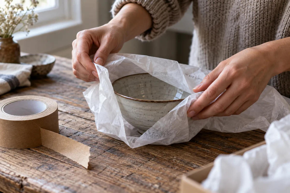 Mains repliant une feuille de papier de soie autour d’un bol en céramique émaillée sur un plan de travail en bois