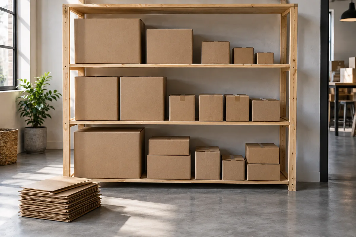 Étagère de réserve en bois clair où des boîtes en carton brun sont rangées par taille sur trois niveaux