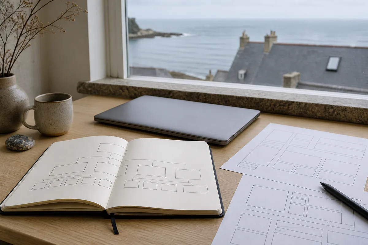 Vue d&rsquo;un carnet de croquis d&rsquo;arborescence de site posé près d&rsquo;un ordinateur portable