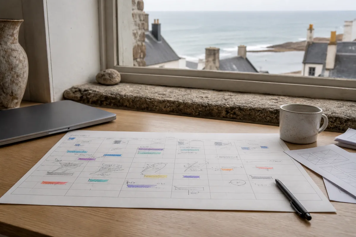 Calendrier de projet annoté avec des étapes de conception web