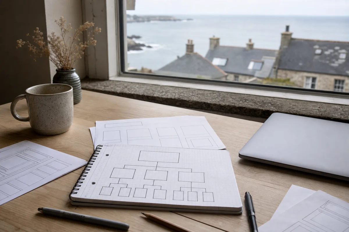 Croquis d&rsquo;arborescence de site vitrine dessiné sur une feuille quadrillée