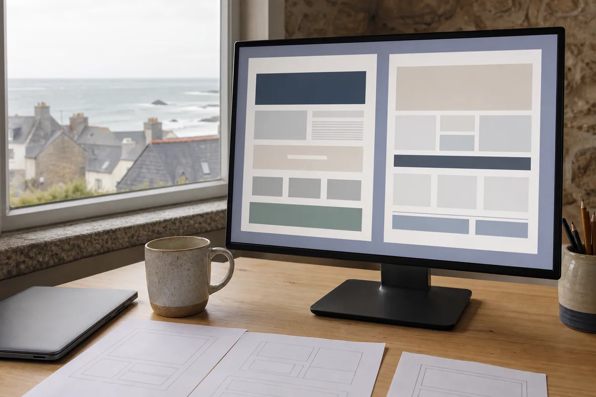 Comparaison de deux mises en page de site vitrine affichées côte à côte sur un écran