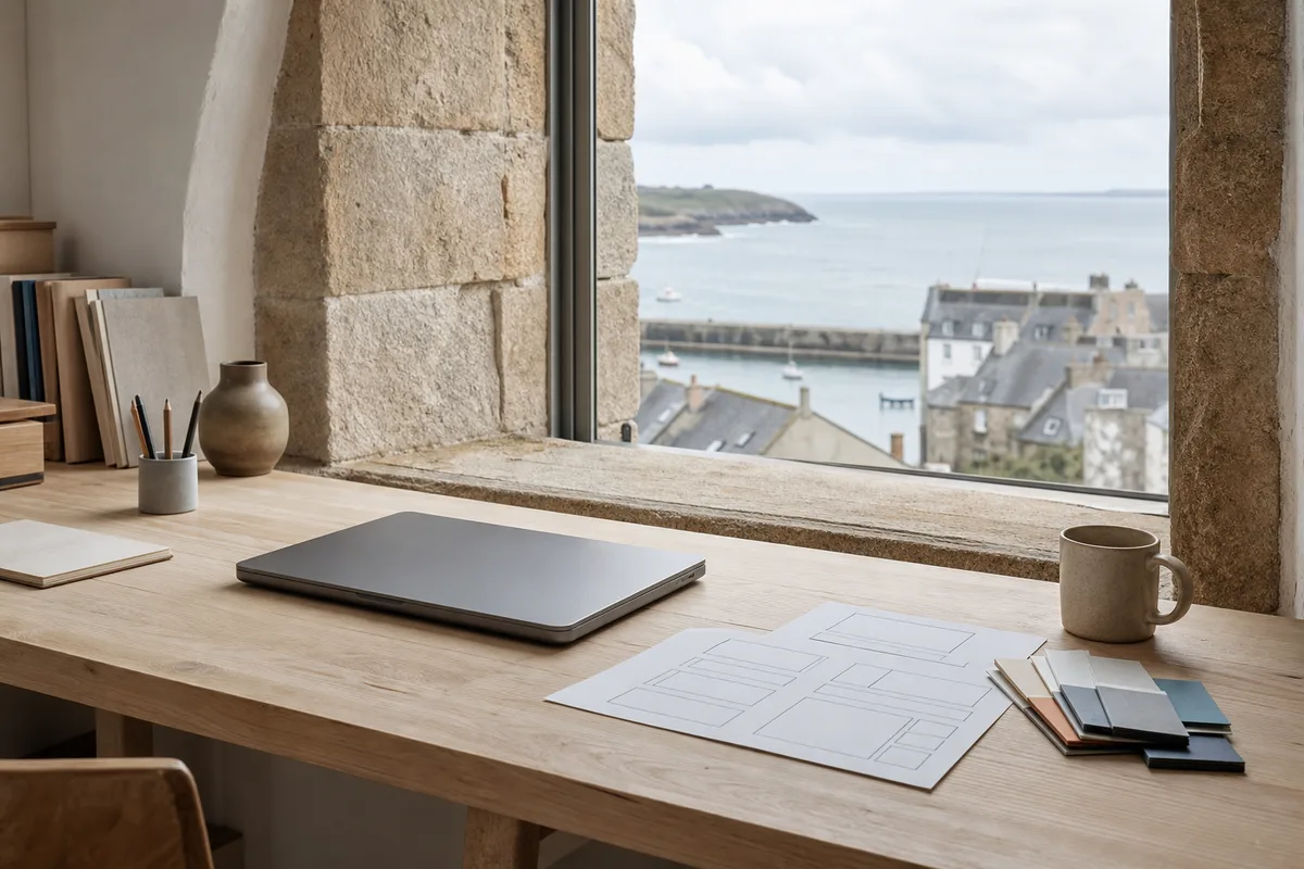 Bureau lumineux avec un écran affichant l’interface d’administration d’un site WordPress en construction