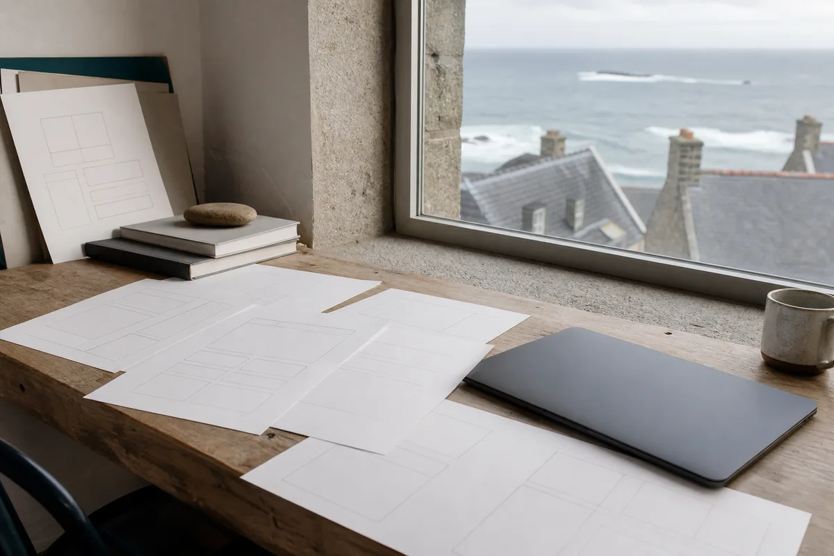 Planches de recherche graphique et maquettes de pages posées sur une table de travail