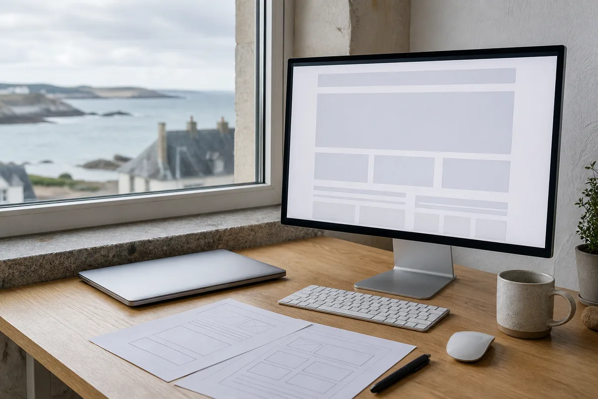 Poste de travail d&rsquo;un webmaster avec une maquette de site affichée à l&rsquo;écran