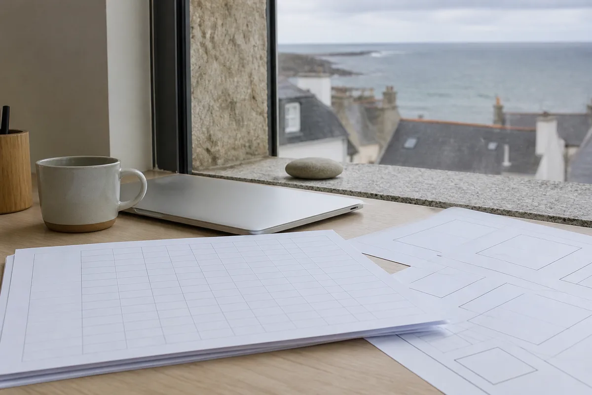 Feuille de calcul budgétaire pour un projet de site internet posée sur un bureau